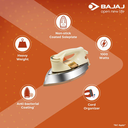 Bajaj DHX-9 1000W Heavy Weight Dry Iron with Advance Soleplate and Anti-Bacterial German Coating Technology, Ivory 