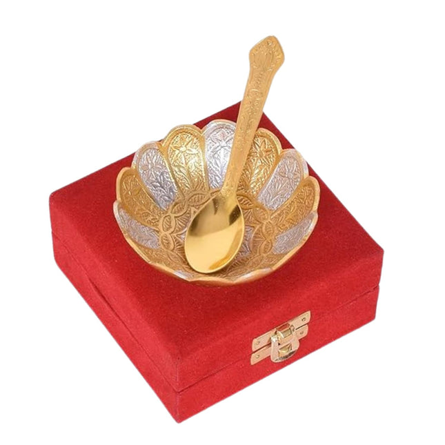 Piepot German Silver Bowl Set of 2 | German Silver Bowl and Spoon with Red Velvet Box | 2 Pieces Set for Weeding Gifts, House Warming & Pooja | Silver Gift Items (Silver-Gold Floral) 3.75 Inch, 120 ML 
