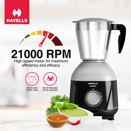 Havells MIXWELL 500 W 3 Jar Mixer Grinder, 304 SS Blades I High Speed 21000 RPM Motor, Heavy and Wider mouth SS Jars, All Jars with Handle (Black and Grey) 