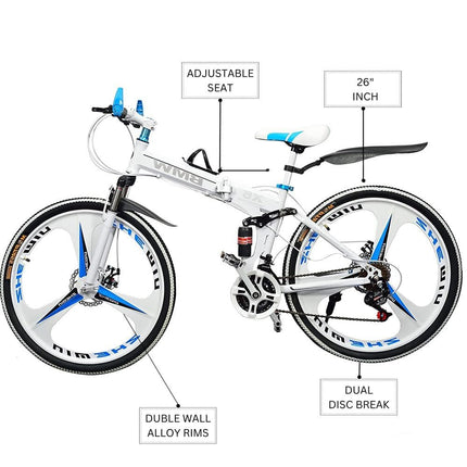 Skyride BMV X6 Foldable Cruiser Bicycle | 26-Inch White Bike with 21-Speed Gears, Dual Disc Brakes, Hydraulic Suspension, and Strong Carbon Steel Frame | Great for City Rides and Off-Road Adventures 
