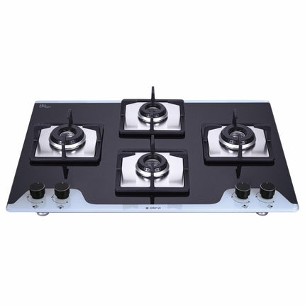 Elica 70cm 4 Burner Auto Ignition Hob | FLEXI HCT 470 DX LOTUS BK DUAL TONE | SABAF Burners | Cast Iron Pan Support | Dual Tone 8mm Toughened Glass | 5-Year Glass & Valve Warranty | Black 