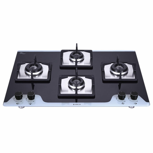 Elica 70cm 4 Burner Auto Ignition Hob | FLEXI HCT 470 DX LOTUS BK DUAL TONE | SABAF Burners | Cast Iron Pan Support | Dual Tone 8mm Toughened Glass | 5-Year Glass & Valve Warranty | Black 