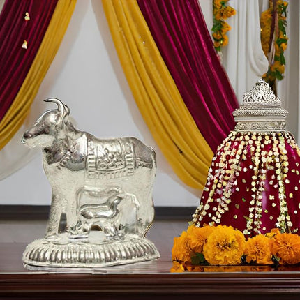 Vail Creation German Silver Kamdhenu Cow and Calf Idol Decoration for Pooja Room Gift Worship Office Home Decor Items | Silver Cow and Calf Statue 