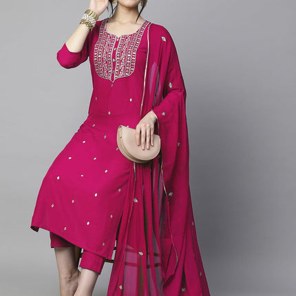 GoSriKi Women's Cotton Blend Embroidered Straight Kurta with Pant & Dupatta (Kasturi Pink-APL-GS_XL_Pink_X-Large) 