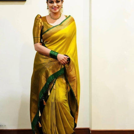 Yashika Women's Fancy Banarasi Kanjivaram Art Silk Saree with Blouse Pieces||Yellow Coloured Kanjivaram Saree|| AZ-YS-OG-YUKTI YELLOW 