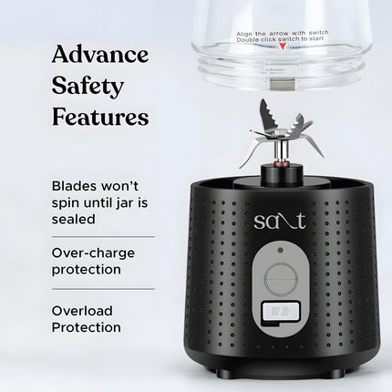 Salt PureBlend Sport Portable Blender for Smoothies, Protein Shakes, Crushing Ice | Sipper Lid | 4000 mAh Battery, USB-C Port | 230W Motor | 400 ML (Black) 