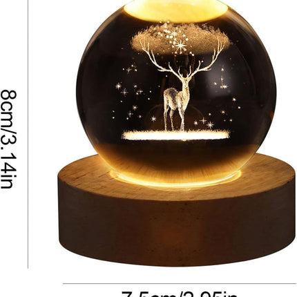 inulec 3D Galaxy Crystal Ball Night Light | Dimmable Engraved LED Glass Ball Table Lamp with USB and Wooden Base for Home Decor, Office, Birthday Gift & Kids Bedroom, 3D Galaxy Lamp Ball (Deer) 