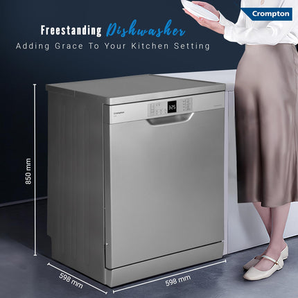 Crompton 14 Place Setting Freestanding Dishwasher with 6 Wash Programs and Super Active Drying System | Energy Saving Dishwasher with Stainless Steel Tub (Voilla 14 PS DW, Silver Inox,FS-DWVOA14PS-DS) 