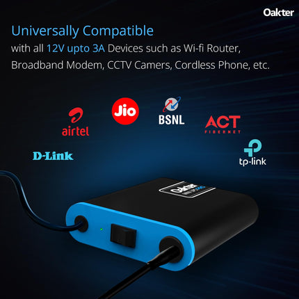 Oakter Mini UPS PRO for High Capacity WiFi Routers 12V & Upto 3A | Power Backup Upto 8 Hours | Supports Jio, Airtel & Other Routers | 12 Months Warranty | Current Surge & Deep Discharge Protection | 