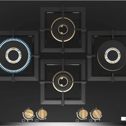 Bosch Built in Gas Hob Black Tempered glass Glass 4 Burner Auto Ignition 75 cm Full Brass 3D Ring Burners with Matt Black Heat Shields & Cast Iron pan supports (PNI7B6G20I) 