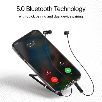 pTron Tangentbeat in Ear Bluetooth 5.0 Wireless Headphones with Mic, Deep Bass, 10mm Drivers, Clear Calls, Dual Pairing, Fast Charging, Magnetic Buds, Voice Assistant & IPX4 Wireless Neckband (Black 