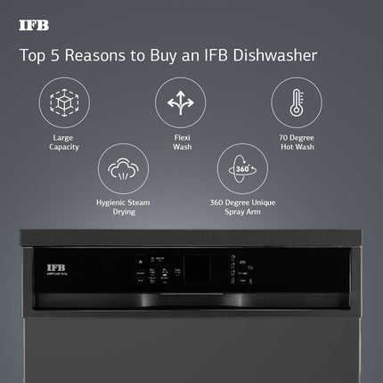 IFB 14 Place Setting 70 Degree Hot Wash Dishwasher (Neptune VX14, Grey, 360 Degree Spray Arm, Washes from Kadhai to Crockery) 