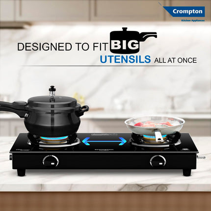 Crompton FlameStar 2 Burner Glass Top LPG Gas Stove | 1 Jumbo & 1 Medium Brass Burner | Max Space | Easy Cleaning | Toughened Glass | Tri Pin Burners | 2 Year Manufacturer's Warranty 