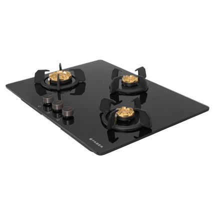 Faber 3 Burner 70cm Hob |Auto-Ignition| HOB PRIME HT703 CRS BR CI AI |Metal Knobs| Cast Iron Pan Support |Hob/Cooktop Hybrid| Black Glass Finish |5 Yr Warranty on Glass,Valve & 2 Yr on Burner by Faber 
