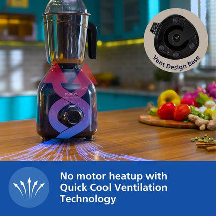 Philips HL7713/01,1000 W PowerPro Motor Mixer Grinder, 3 Jars (Azure Blue), Edged blade made of superior SS304 material, Quick cool ventilation for longer motor life 