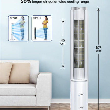 HIFRESH Air Cooler for Home, 107CM Tower Cooler w/Remote & LED Touch Screen, 4 Mode & 3 Speed, 12H Timer, 26 Feet Air Delivery, 4L Water Tank, 4 Ice Packs, 70° Swing Control, 80W Low Power Consumption 