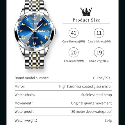 OLEVS Watch for Men Diamond Business Dress Analog Quartz Stainless Steel Waterproof Luminous Date Two Tone Luxury Casual Wrist Watch 