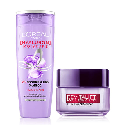 L'Oréal Paris Moisture Filling Shampoo, With Hyaluronic Acid, For Dry & Dehydrated Hair, Hyaluron Moisture 72H, 340ml & L'Oreal Paris Day Cream for Women Revitalift Hyaluronic Acid, 15ml 