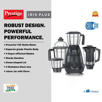 Prestige Iris 750 Watt 4 Jar Mixer Grinder | 3 Stainless Steel Multipurpose Jars and 1 Juicer Jar | Black | 750W 