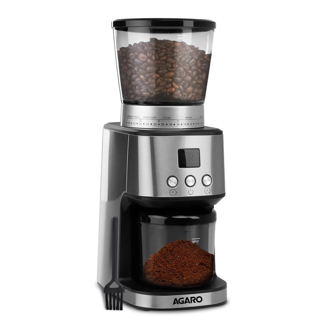 AGARO Stainless Steel Supreme Coffee Grinder,Conical Burr Grinder,31 Grinding Settings,Pulse Mode,Adjustable Digital Timer,Single Dose Grinder For Espresso Filter Dripper Moca,Espresso,Silver 