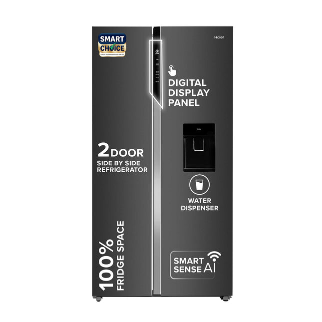 Haier SmartChoice 596L 3Star 2-Door Water Dispenser Side by Side Frost Free Refrigerator|Convertible|Smart Sense AI | Expert Inverter|Digital Display Panel (2025 Model, HRS-682WGKU1, Graphite Black) 