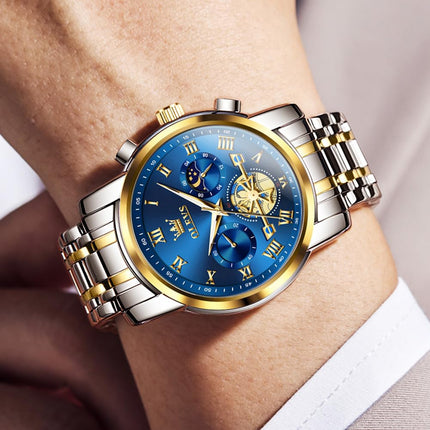 OLEVS Watches for Men Chronograph Business Blue Wrist Watches Analog Quartz Moon Phase Stainless Steel Waterproof Luminous Dress Watches 