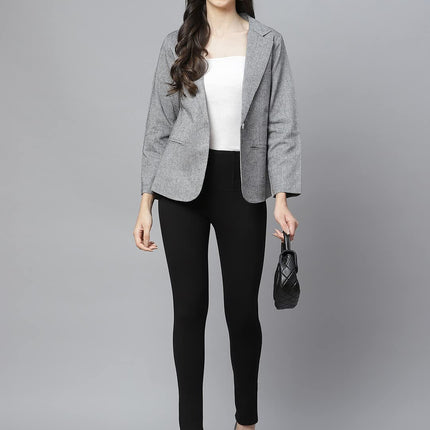 Women Grey Solid Regular Fit Single Breasted Blazer 
