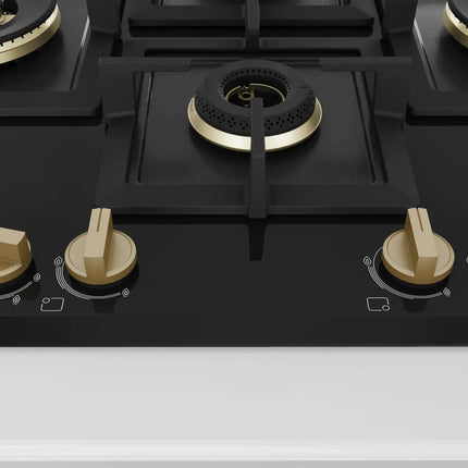 Bosch Built in Gas Hob Black Tempered glass Glass 4 Burner Auto Ignition 75 cm Full Brass 3D Ring Burners with Matt Black Heat Shields & Cast Iron pan supports (PNI7B6G20I) 
