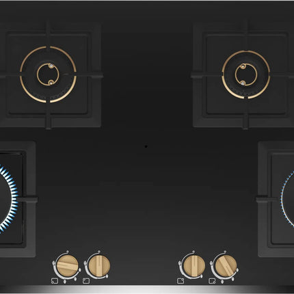 Bosch Built in Gas Hob Black Tempered glass Glass 4 Burner Auto Ignition 90 cm Full Brass 3D Ring Burners with Matt Black Heat Shields & Cast Iron pan supports (PNF9B6G20I) 