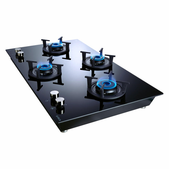 Elica 90cm 4 Burner Gas Hob | RG FLEXI 491 Lotus IND HD Brass | Built-in & Freestanding | Cast Iron Pan Support | Black Glass Finish | 10-Year Burner Warranty, 5-Year Glass & Valve Warranty 