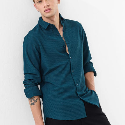 SNITCH Men's Casual Shirt | Slim Fit Full Sleeve Classic Collar Textured Design | Premium Polyester Blend & Lightweight Fabric for Everyday Wear | Teal 