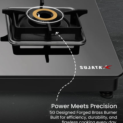 Sujata Premium Gas Stove | 9 Years Warranty | 4 Burner Gas Stove Glass Top, SABAF, ISI Certified, LPG & PNG Compatible, 360° Rotating Brass Gas Nozzle, Jumbo Brass Burner (Black) 