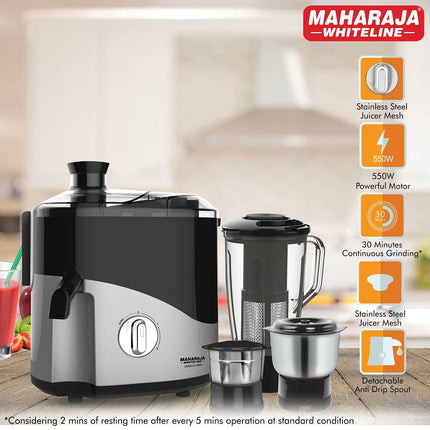 Maharaja Whiteline Odacio Plus 550-Watt Juicer Mixer Grinder With 3 Versatile Jars | Food Grade Safe | 2 year warranty (Black & Silver) 