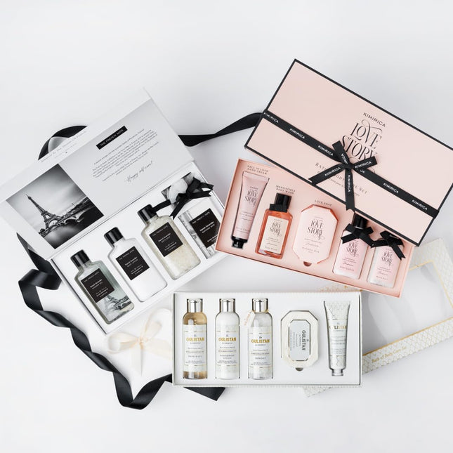 Kimirica Love Story Luxury Bath and Body Care Gift Set Box | Bath Salt, Body Wash, Body Lotion, Bathing Bar and Hand cream | Pack of 5 | For Men and Women | Pampering Kit for Birthday ,Anniversary & All Special Occasions | Premium Gift Packaging 100% Vega 