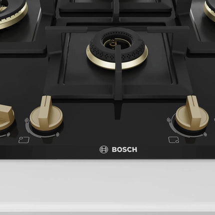 Bosch Built in Gas Hob Black Tempered glass Glass 4 Burner Auto Ignition 75 cm True Brass 2D Ring Burners with Matt Black Heat Shields & Cast Iron pan supports (PNI7B6F20I) 