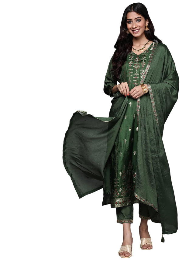 Libas Women's Silk Blend Kurta Sets (33344O_Green 