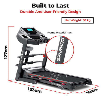Sparnod Fitness STH-3600 Multifunction Treadmill for Home Use, 4 HP Peak DC Motor, 16 Km/H, Advanced Console with 12 Pre-Set, Massager, Supports 110 Kg User Weight Hydraulic Foldable Inbuilt Speakers 