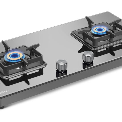 Sujata Premium Gas Stove | 9 Years Warranty | 2 burner gas stove, 2 Burner Gas Stove Glass Top, SABAF, ISI Certified, LPG & PNG Compatible, 360° Rotating Brass Gas Nozzle, Brass Burner (Black) 