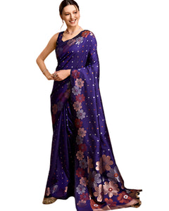C J Enterprise Women's Banarasi Saree Pure Kanjivaram Silk Saree Soft Design Wear Pattu Sarees Latest Cotton With Blouse Piece Kanchipuram for Wedding sadi new ladies 2025 (Champa-51) (Navy Blue) 