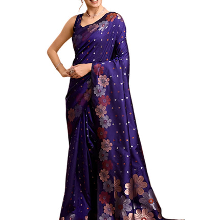 C J Enterprise Women's Banarasi Saree Pure Kanjivaram Silk Saree Soft Design Wear Pattu Sarees Latest Cotton With Blouse Piece Kanchipuram for Wedding sadi new ladies 2025 (Champa-51) (Navy Blue) 