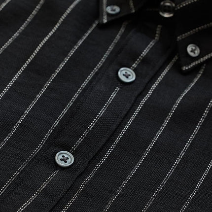 SNITCH Mens Black Button Down Collared Full Sleeve Curve Hem Cotton Casual Light Weight Stripes Slim Fit Shirt 