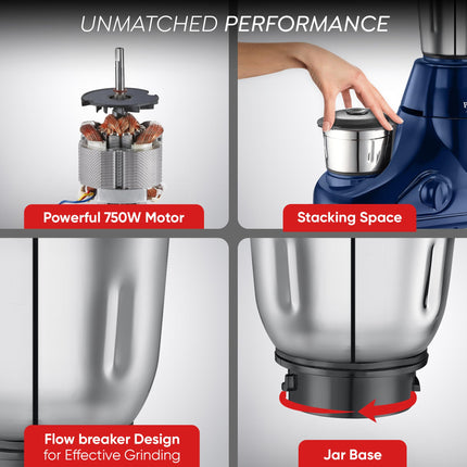 Prestige 750W Astra Mixer Grinder with 5 Jars – 1500ml Wet, 1000ml Dry, 1500ml Juicer, 300ml Chutney & Mix-O-Keep | Space-Saving Stacking Design | 2-Year Warranty 