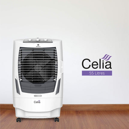 Havells Celia 55L Air Cooler for home | Ice Chamber | Collapsible Louvers | 4 Leaf Metal Blade | Powerful Air Delivery | Everlast Pump | 3 Side High Density Honeycomb Pads | Heavy Duty (White/Grey) 