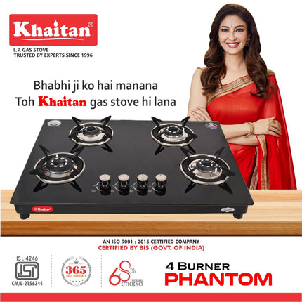 Khaitan 4 Burner Phantom Black Hobtop, Automatic Ignition Toughened Glass Top Open Cooktop Gas Stove With 1 Year Warranty 