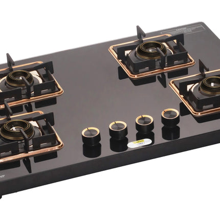 Urban Chef Gas Stove 4 Burners Glass Top | ISI Certified 4 Burner Stoves | Gas Chulha LPG & PNG Compatible | Burner Auto Ignition Cooktop | Easy Grip Knobs,7mm Thick Toughened Glass (Hob Top-Rose Gold 
