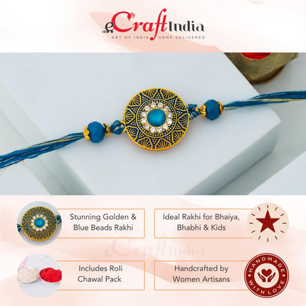 eCraftIndia Golden Blue Beads Diamond Designer Rakhi for Brother | Raksha Bandhan Rakhi for Bhaiya Bhabhi Bhai Kids | Best Bro Ever Fridge Magnet | Roli Chawal Pack 