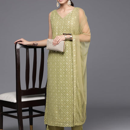 Libas Women's Georgette Kurta Sets (34472_Olive 