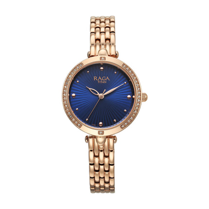 Titan Raga Showstopper Quartz Analog Blue Dial Metal Strap Watch for Women-NS95266WM01 