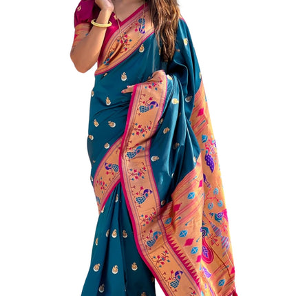 SGF11 Women's Kanjivaram Paithani Pure Soft Silk Saree For Womens With Unstitched Blouse Piece (Rama Blue) 