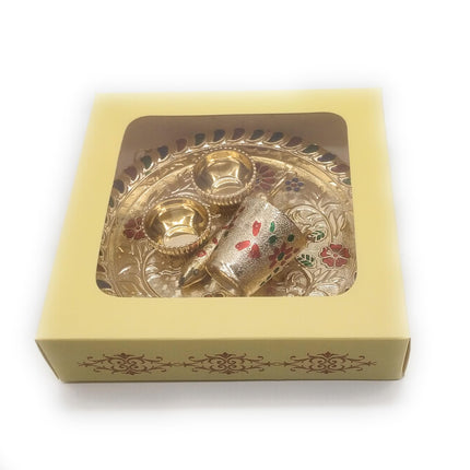 Sau Rang Laddu Gopal Meenakari Plate for Holi with Balti Pichkari (Symbolic Toy only) and 2 Empty Bowls. Material Plastic 